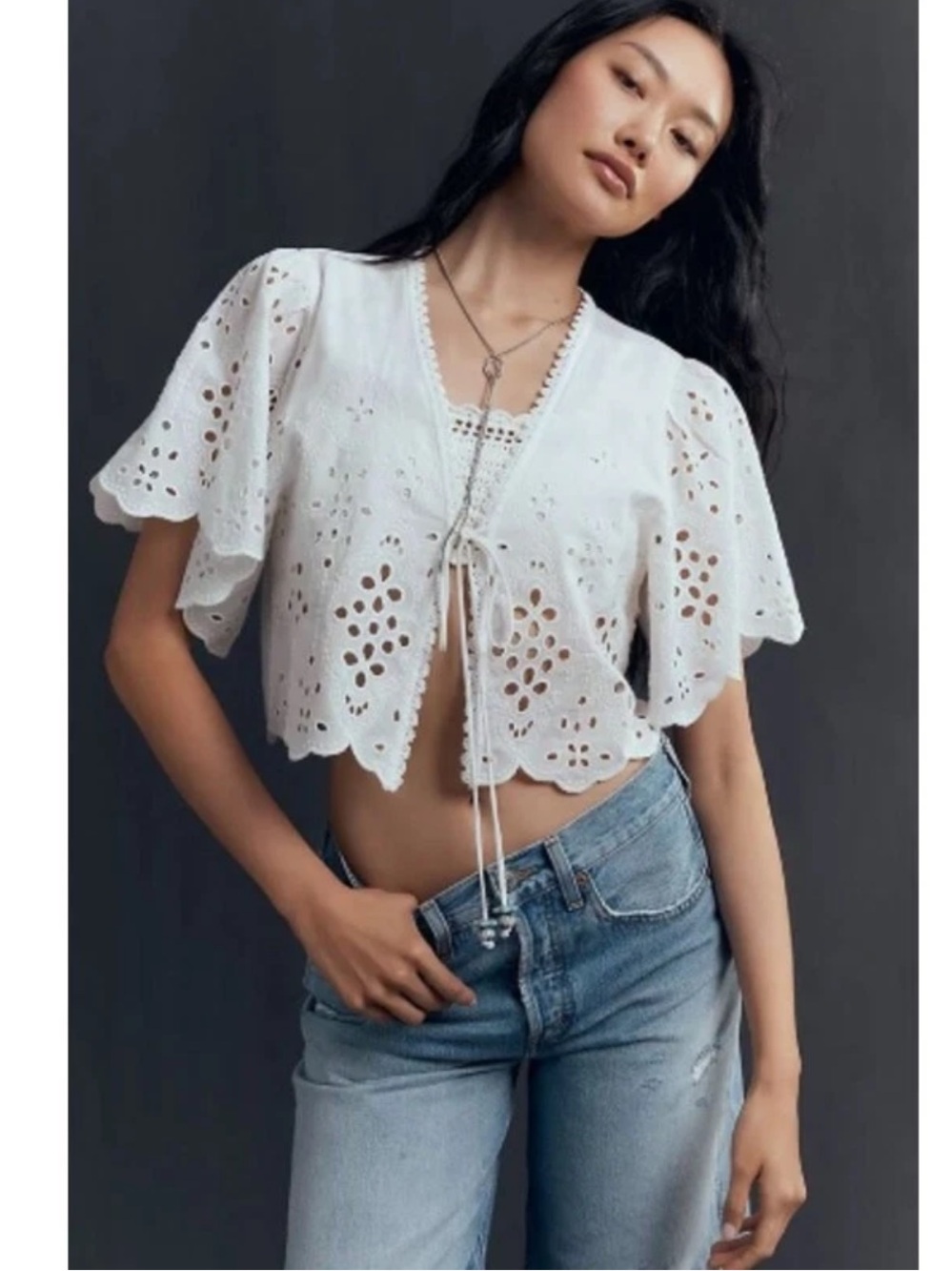 Anthropologie Maeve Tie-Front Eyelet Crop
Blouse White Cotton OS